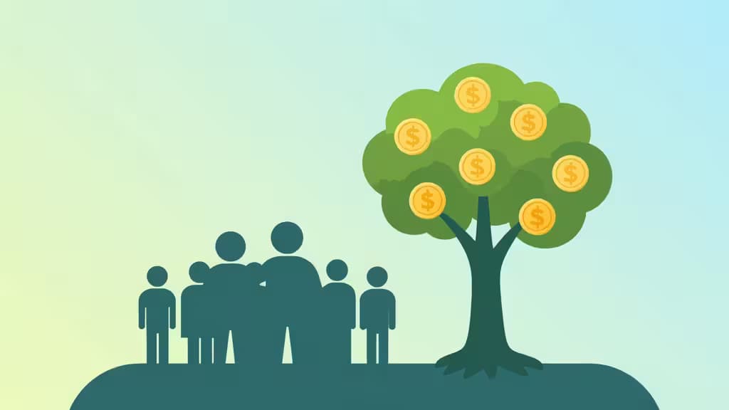 Siluetas de personas observan un árbol con monedas doradas, simbolizando crecimiento financiero sin costos mensuales para organizaciones sin fines de lucro.