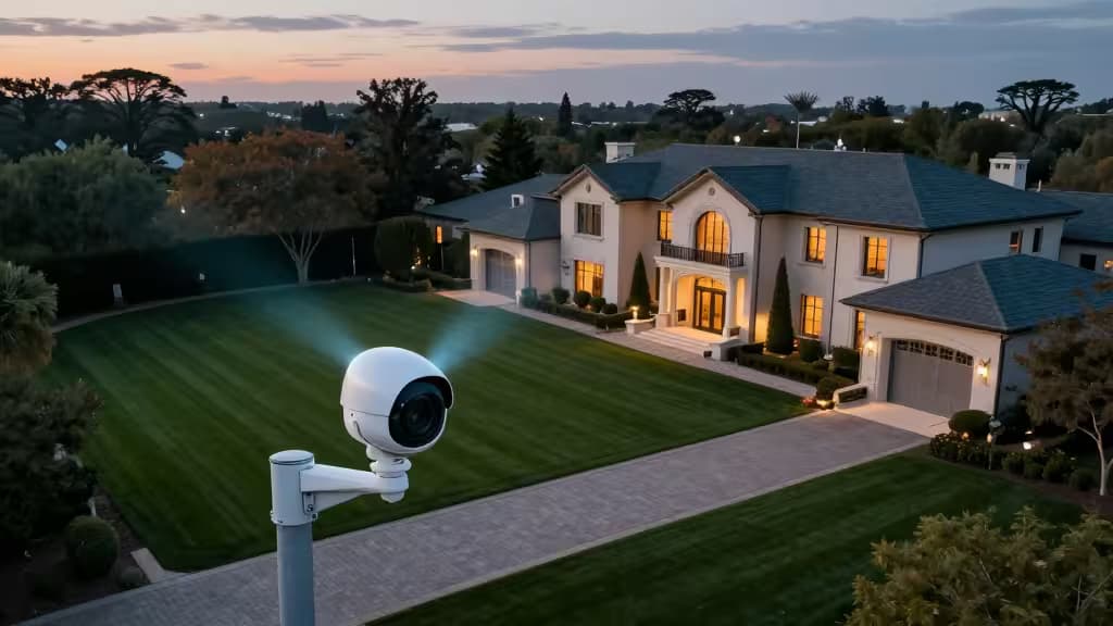 Une caméra PTZ blanche sur un mât surveille une vaste propriété au crépuscule.