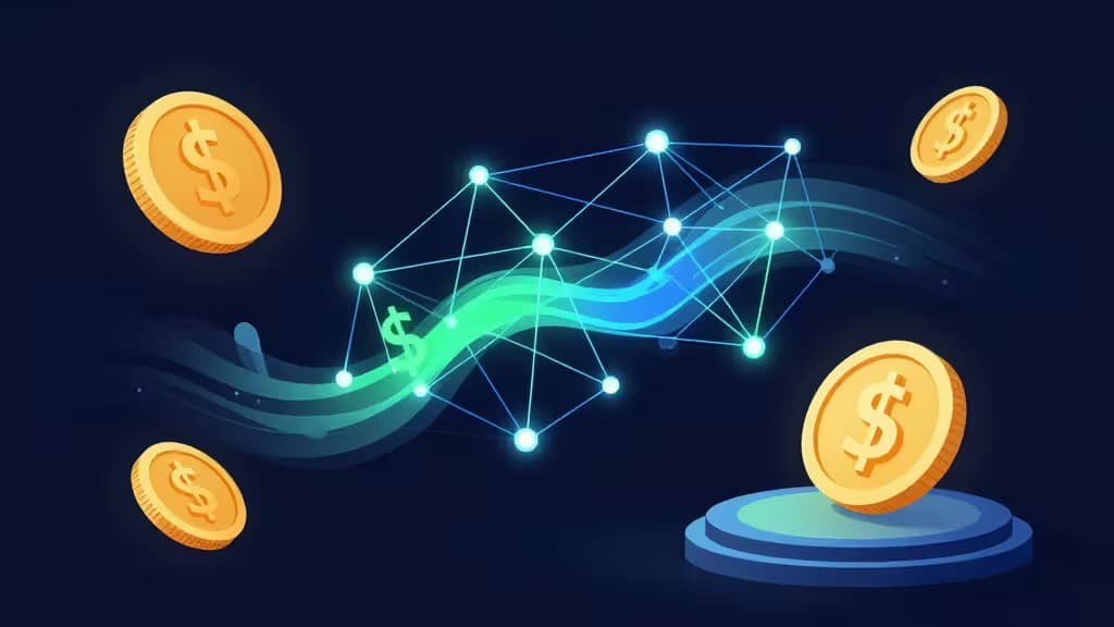 Glowing dollar coins orbit a digital network graph symbolizing stablecoin trading across decentralized and centralized platforms.