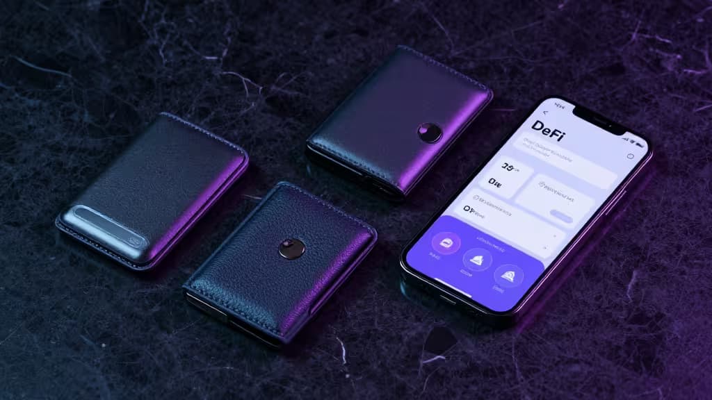 Drie strakke, paars verlichte crypto wallets en een smartphone met een DeFi-interface op een donker getextureerd oppervlak.