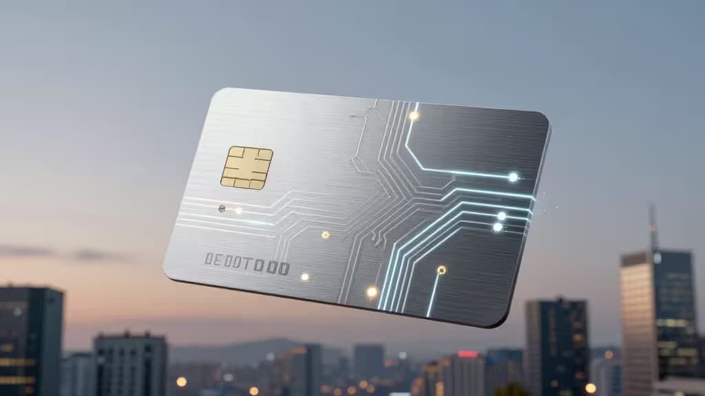 A metallic crypto debit card with glowing circuit lines floats above a Japanese city skyline at dusk.