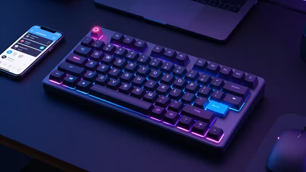 A programmable macro pad with glowing keys sits on a dark desk beside a smartphone displaying a control deck interface, lit by soft blue and purple ambient light.