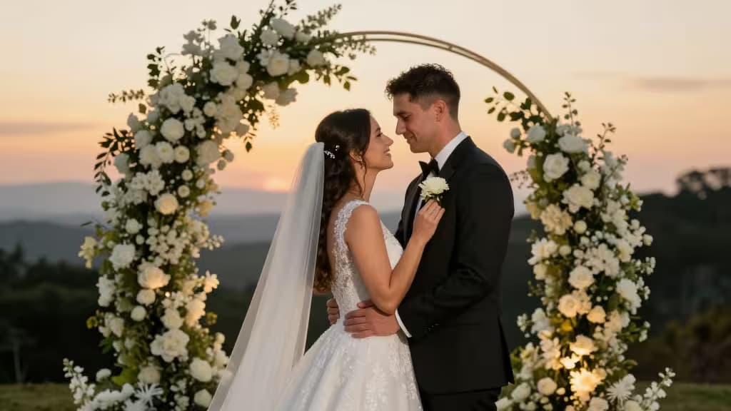 Bride in lace gown and groom in black suit embrace under floral arch at sunset.