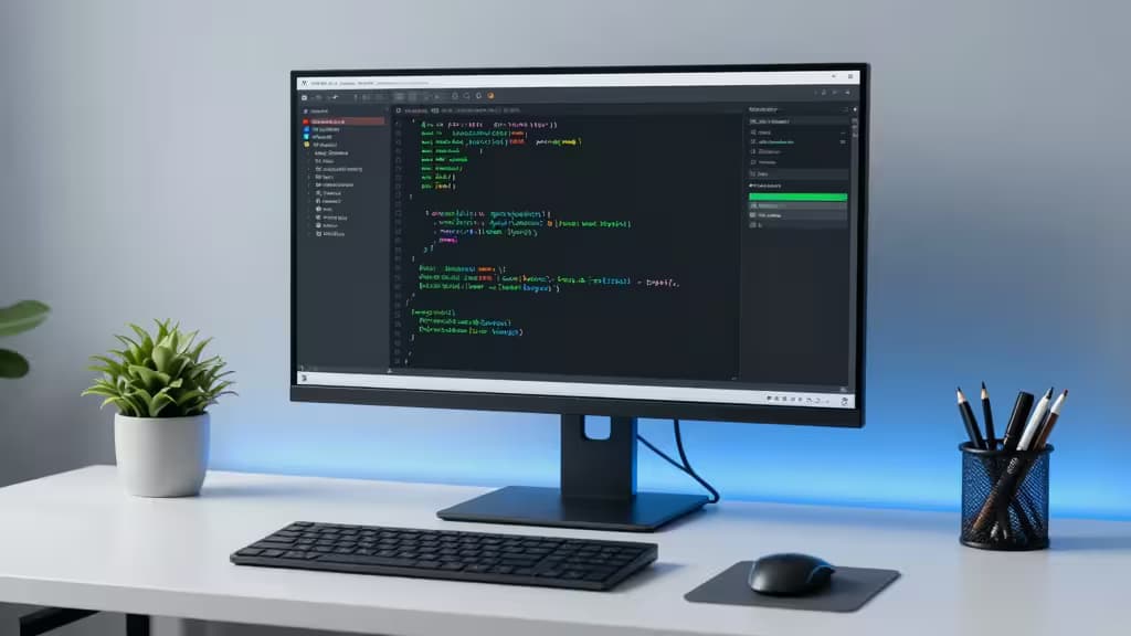 A sleek monitor displays Go code with green coverage bars, flanked by a plant and pen holder on a white desk.
