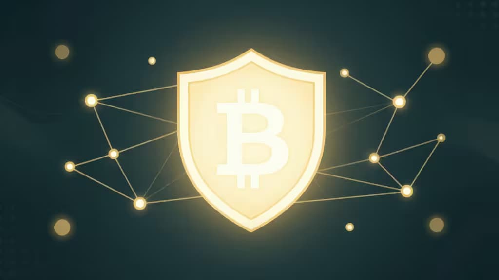 Glowing Bitcoin shield symbolizes secure, KYC-free crypto platforms with decentralized wallets and regulated on-ramps in 2026.