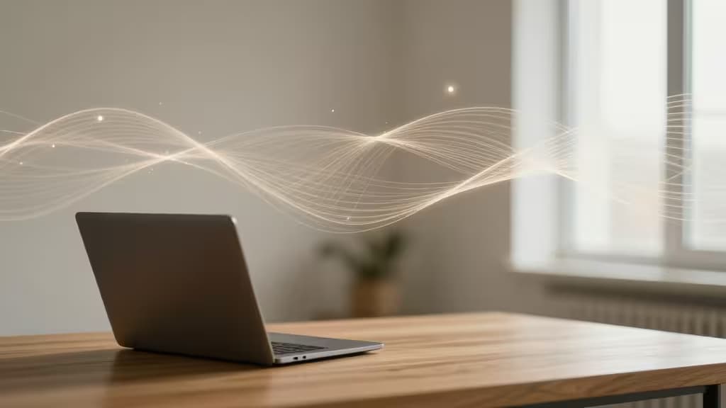 Un laptop elegante su una scrivania di legno emette onde di dati luminosi e fluenti verso una finestra illuminata dal sole.