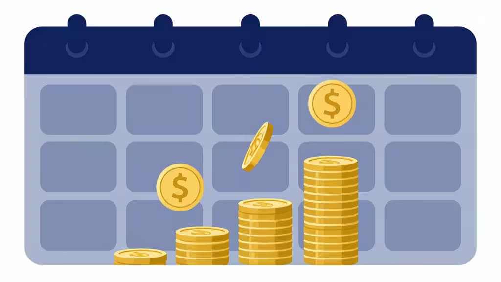 Moedas de ouro empilham-se diante de um calendário azul, simbolizando investimentos cripto automatizados e agendados.