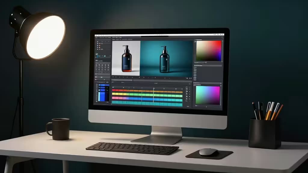 Un iMac elegante mostra un'interfaccia di fotoritocco professionale con un prodotto a forma di pompa, strumenti di color grading e uno spettro vivace, su una scrivania minimalista bianca sotto una lampada da studio.