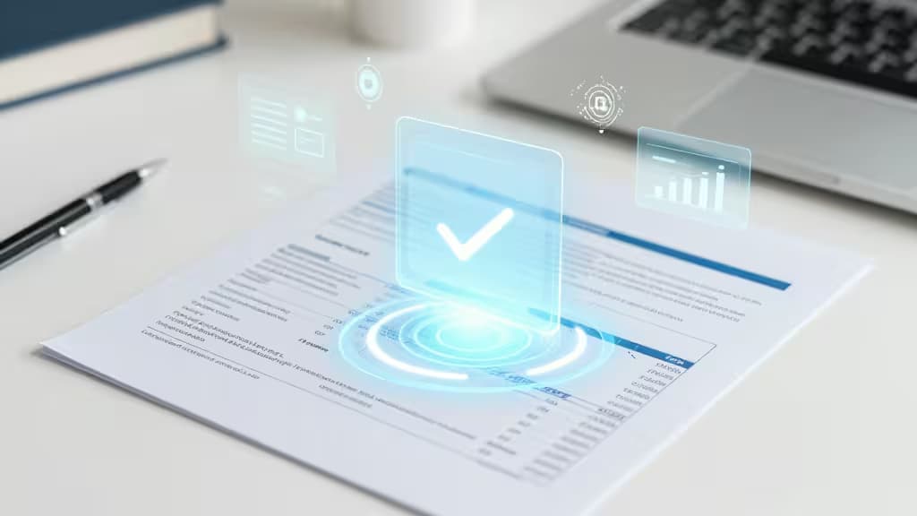 AI tools enhance insurance claims processing with digital checkmarks and data overlays on documents.