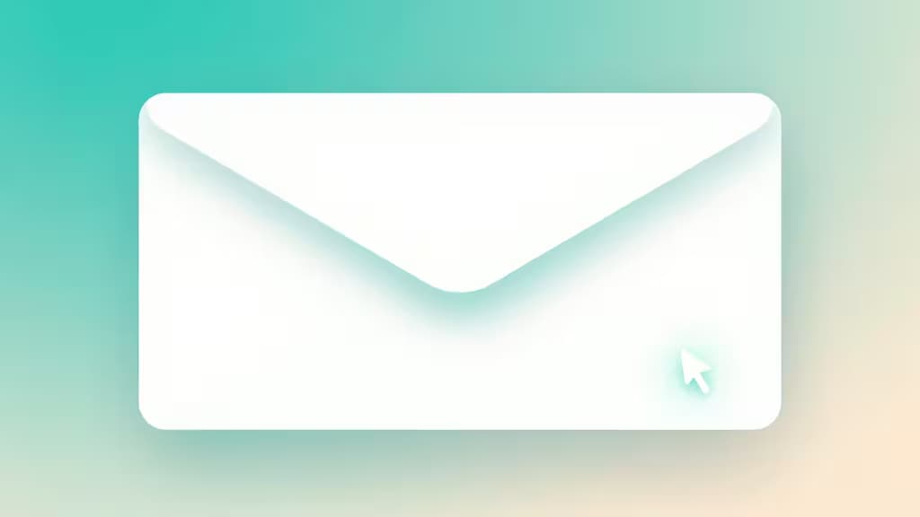 Abstract minimalist illustration of an email compose window with a glowing AI writing cursor on a soft teal gradient background.