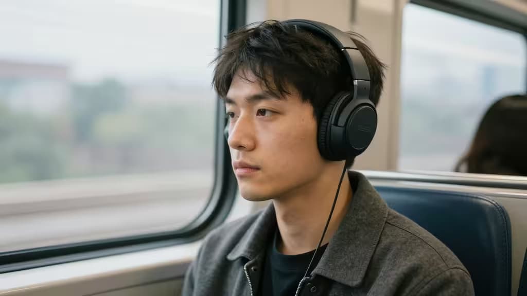 Young man wears black over-ear headphones on train, gazing out window in quiet commute.