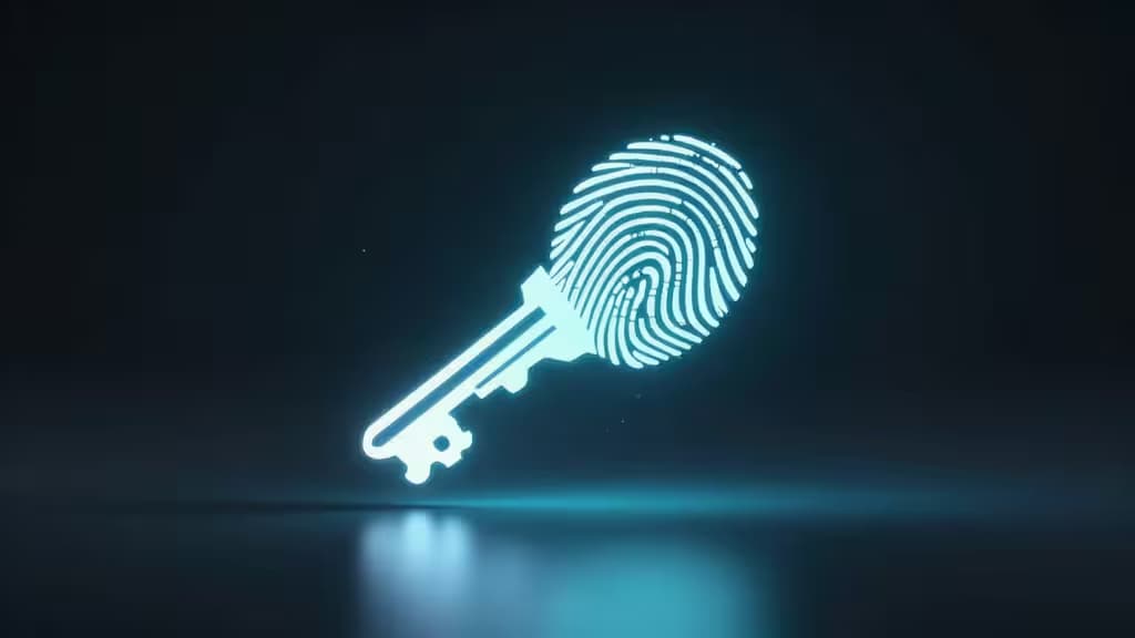 Glowende sleutel die verandert in een vingerafdrukpatroon op een donker oppervlak met blauwe en teal lichtaccenten — abstract beeld van digitale beveiliging en passkeys.