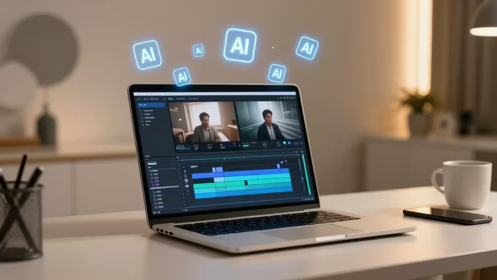 Laptop displays AI-enhanced video editing interface with floating 'AI' icons in a modern workspace.