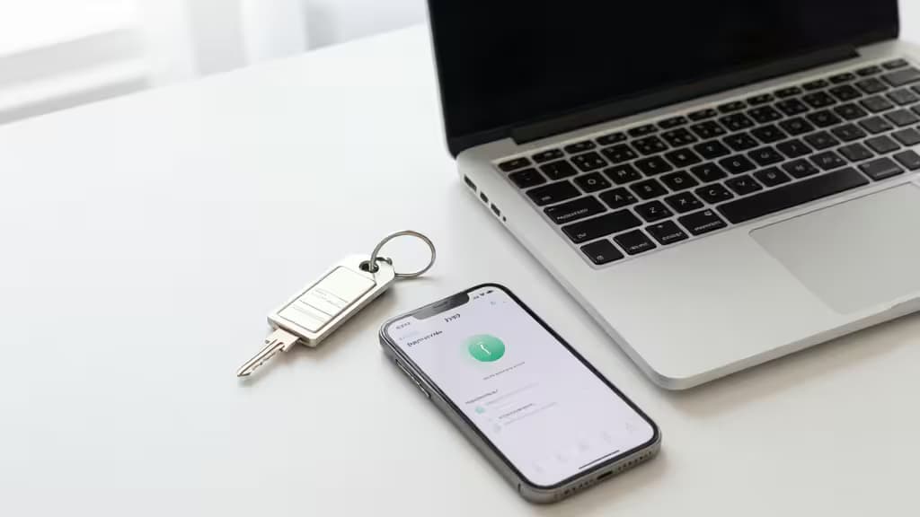 Silver laptop, metallic keychain, and smartphone displaying password manager app on white desk.