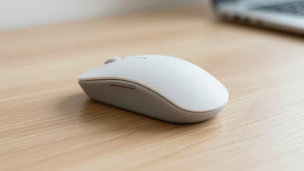 Souris ergonomique verticale compacte posée sur un bureau en bois, éclairage naturel doux