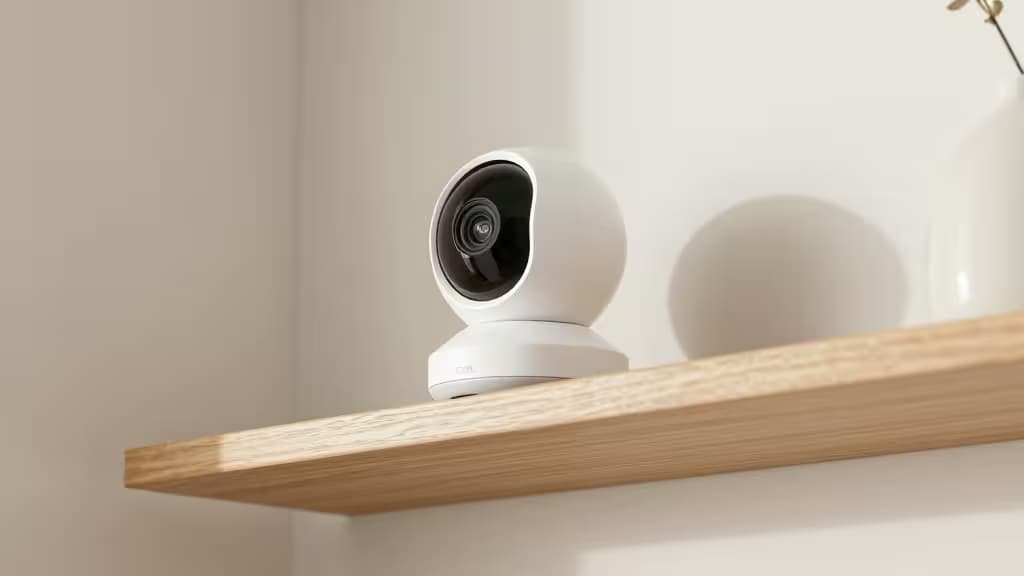 A white, spherical home security camera sits on a light wooden shelf, showcasing its sleek design.