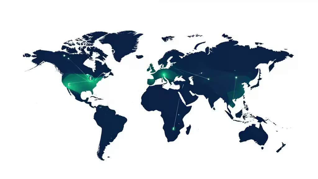 Carte du monde bleu foncé avec des symboles de monnaie verts reliés par des lignes lumineuses, illustrant les transferts financiers internationaux.