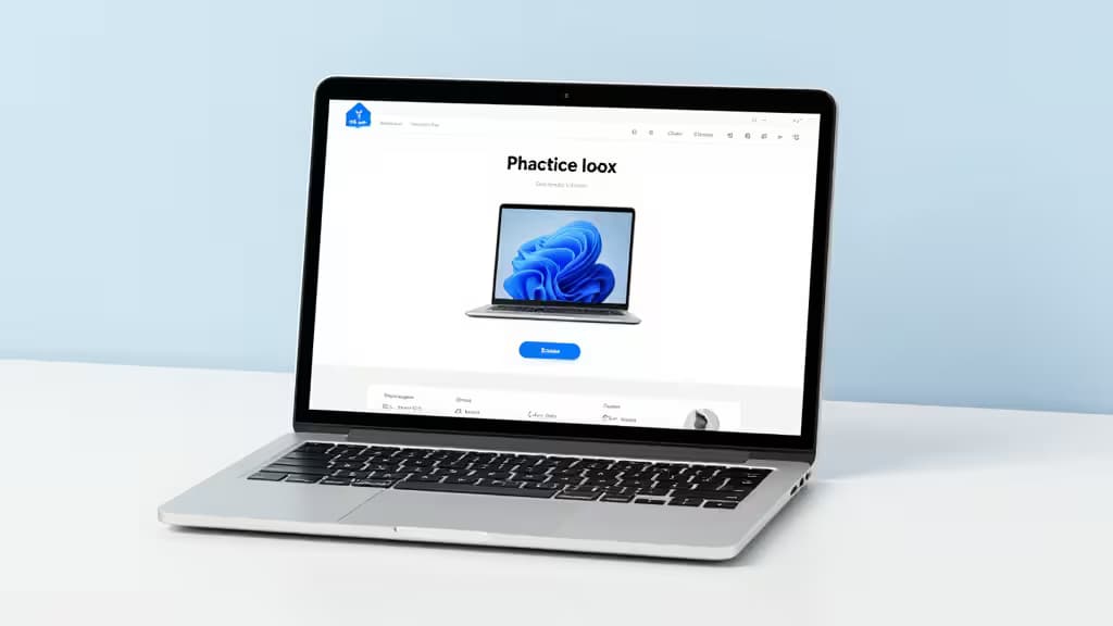 Zilveren laptop met AI-demo-interface en blauwe abstracte afbeelding op wit bureau.