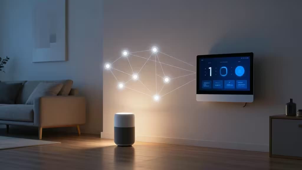 Modernes Smart Home mit vernetzten Geräten und leuchtendem Mesh-Netzwerk in einem minimalistischen Wohnraum