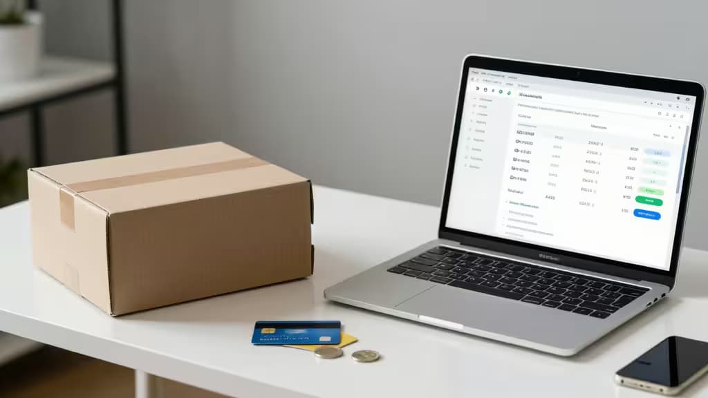 Kartonowe pudełko subskrypcyjne, laptop z dashboardem płatności i karty kredytowe na białym biurku.