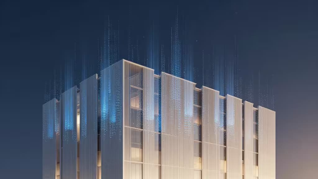 Facciata di edificio moderno con flussi di dati digitali luminosi blu che si innalzano nel cielo notturno.