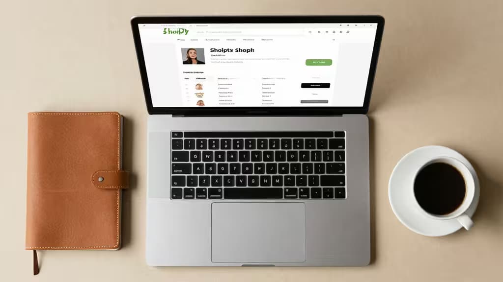 Silver laptop displays Shopify dashboard, flanked by brown leather notebook and black coffee cup.