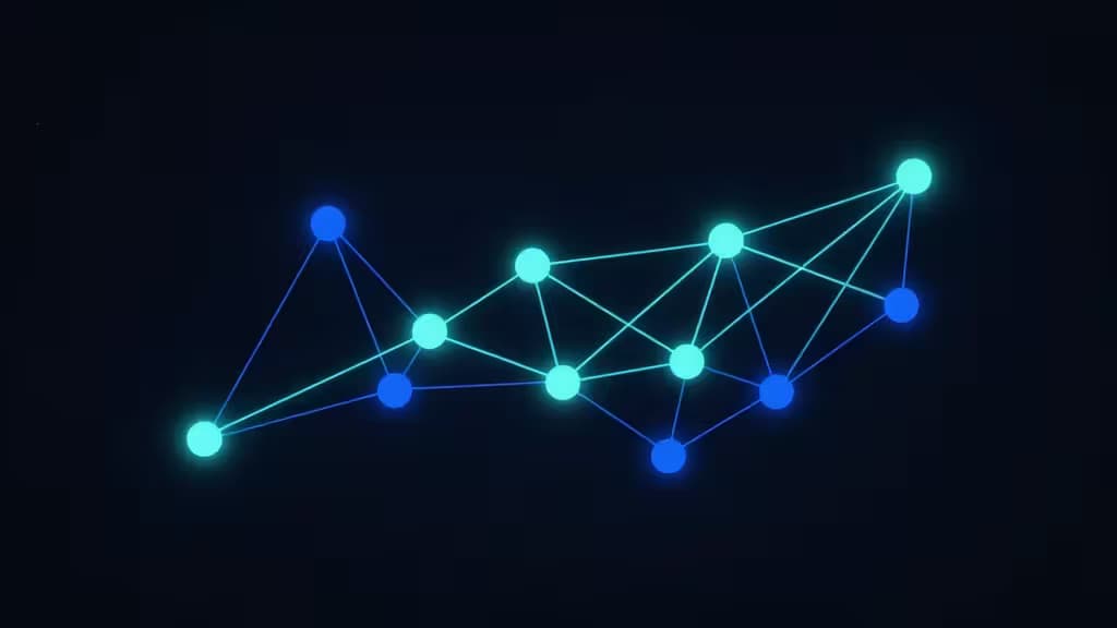 Glowing blue nodes and lines form a network against a dark background, symbolizing data flow in observability systems.