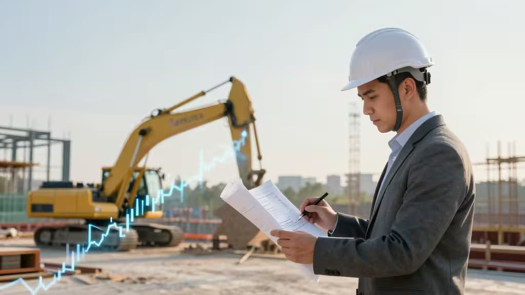 Een aannemer in een helm bestudeert bouwtekeningen op een Nederlandse bouwplaats met opkomende financiële grafieken.