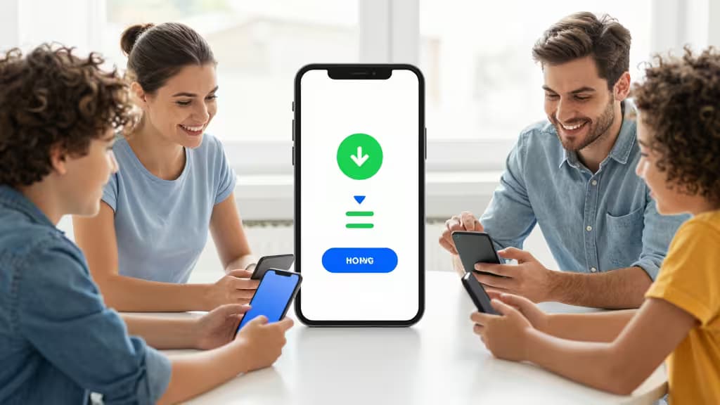 Une famille partage des mots de passe de manière sécurisée via une application sur smartphone, avec un téléphone affichant une icône de téléchargement.