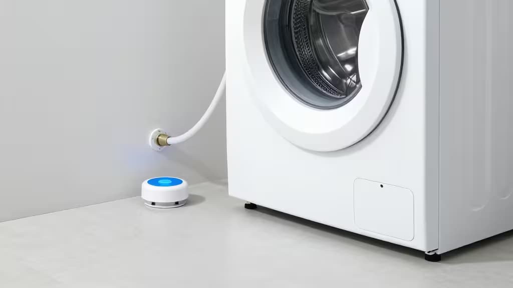 Un détecteur de fuites d'eau connecté blanc avec un voyant LED bleu posé au sol près d'une machine à laver dans une buanderie moderne.