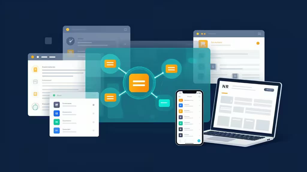 Abstract UI wireframes, database nodes, and app interfaces float in a digital composition.