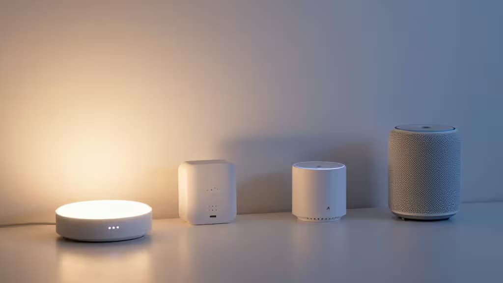 Dispositivos smart home brancos alinhados numa superfície limpa sob iluminação quente e fria.