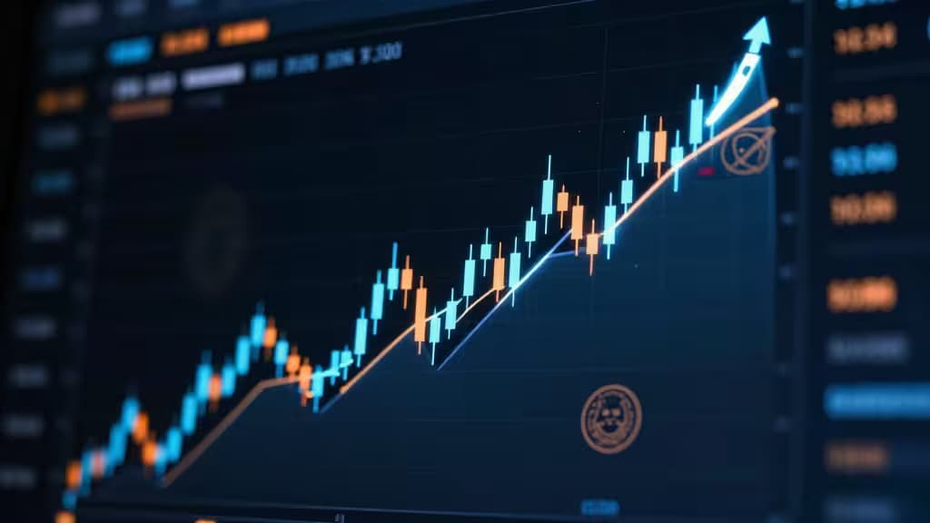 Blue and orange candlesticks surge upward on a dark digital trading dashboard screen.