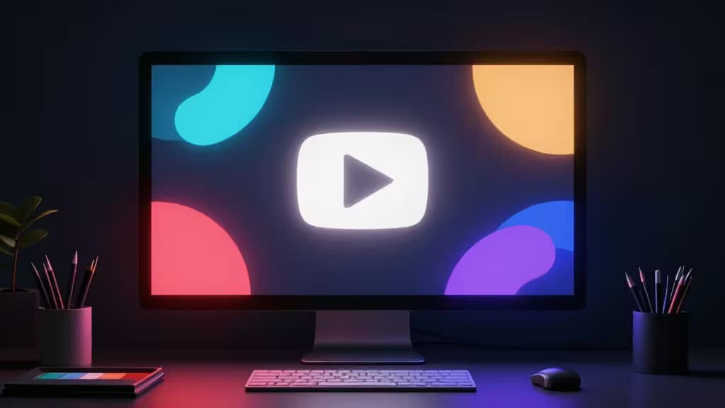 Glowing YouTube play button floats above colorful abstract shapes on a sleek monitor, flanked by pencils and a keyboard in a dimly lit creative workspace.