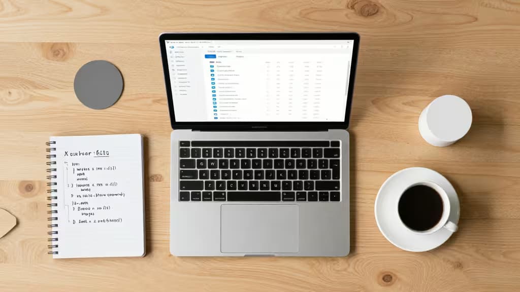 A laptop displaying a database interface sits on a wooden desk beside a notebook and coffee cup.