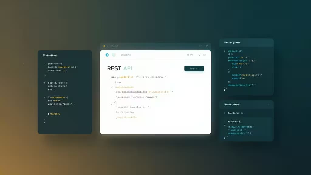 Три плавающих окна с кодом отображают примеры документации REST API на тёмном градиентном фоне.