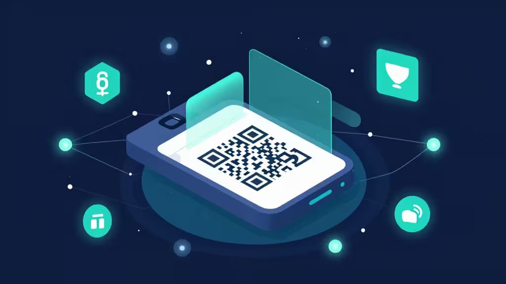 A smartphone displays a QR code, surrounded by glowing blockchain icons and network nodes, symbolizing secure DeFi wallet connectivity.