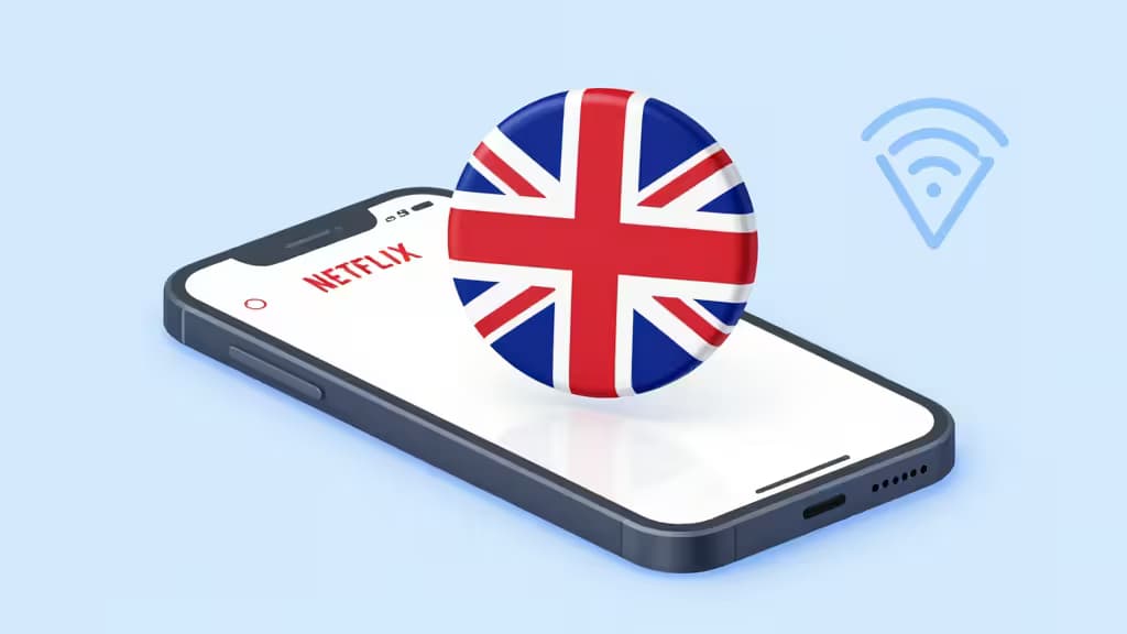Smartphone displays Netflix with UK flag overlay, symbolizing VPN access to British content.