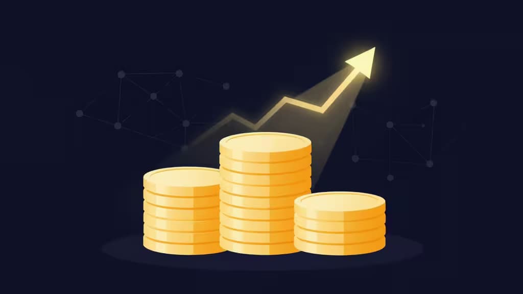 Pilhas de moedas douradas sob uma seta brilhante ascendente, simbolizando recompensas de staking com alto APY em exchanges como Kraken e Binance.
