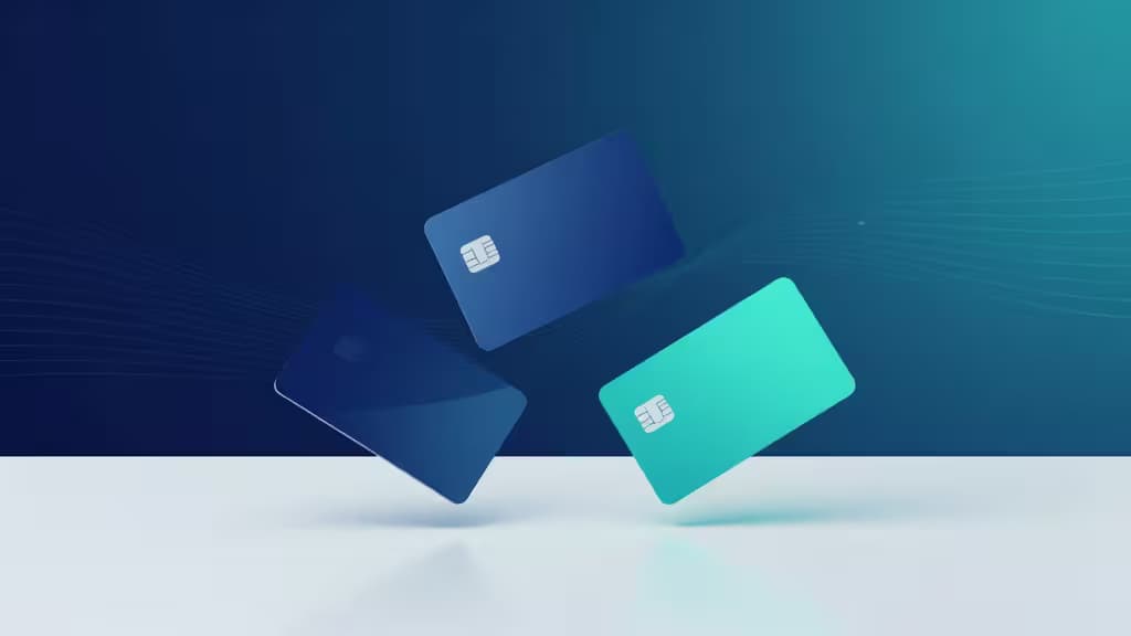 Three glossy fintech cards float above a white surface against a blue gradient background, symbolizing digital payment innovation.