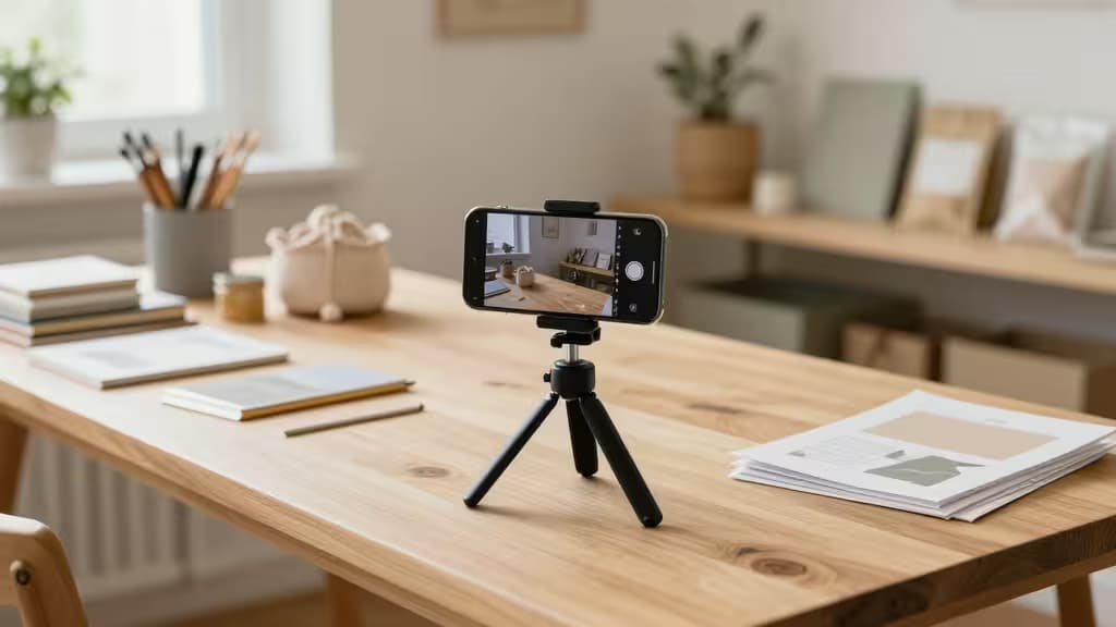 Smartphone op statief legt productfoto's vast op een houten werkblad omringd door handgemaakte producten en ontwerpmaterialen.