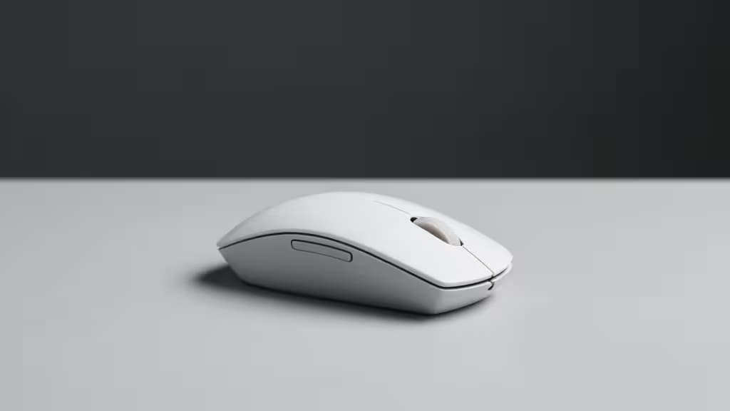 White plastic wireless mouse rests on minimalist gray desk against dark backdrop.