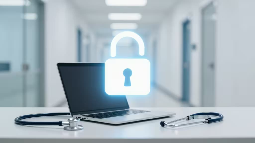 Ein leuchtendes Vorhängeschloss schwebt über einem Laptop und einem Stethoskop auf einem Schreibtisch in einer Arztpraxis.