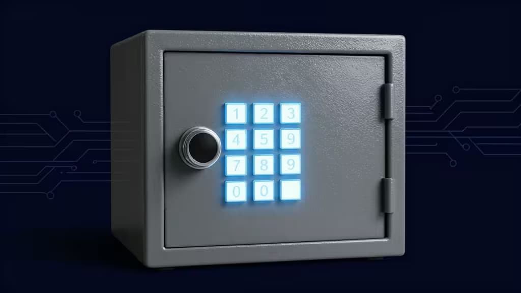 Gray metal safe with glowing blue digital keypad on dark background.