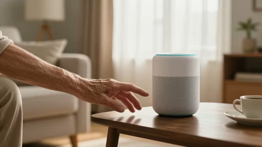 Elderly hand reaches toward white smart speaker on wooden table in sunlit living room.
