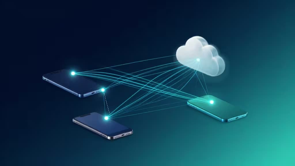 Three smartphones connect via glowing lines to a cloud, symbolizing local-first database solutions.