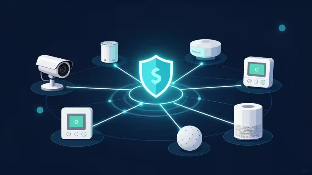 Белые IoT-устройства соединены светящимися бирюзовыми линиями с центральным светящимся щитом, иллюстрируя защиту зашифрованной сети.
