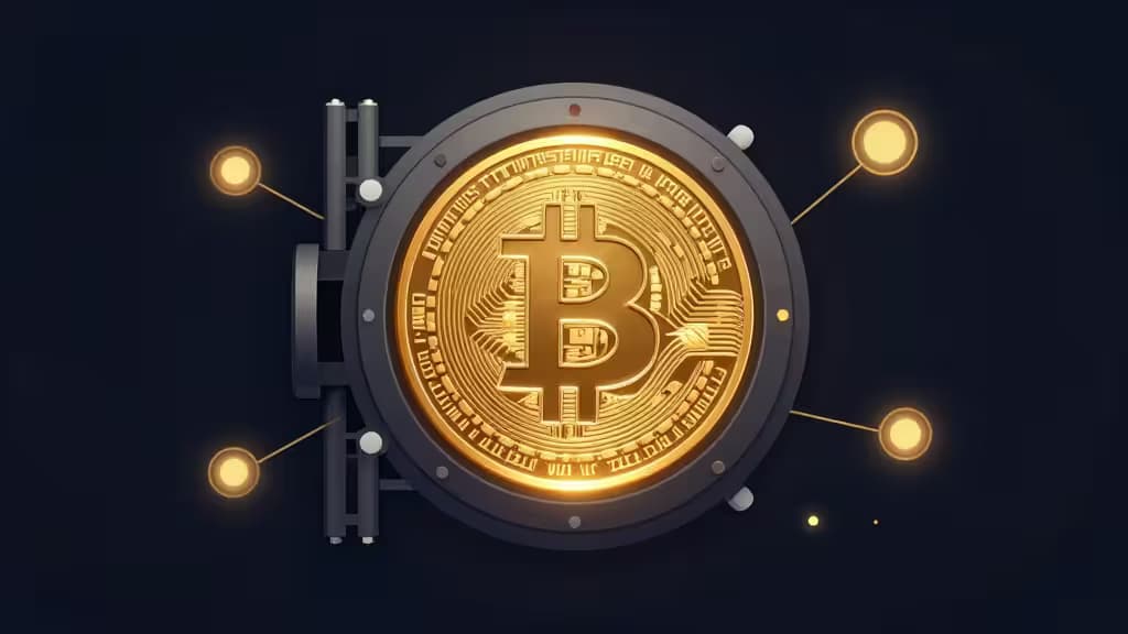 Un Bitcoin dorato e luminoso custodito all'interno di un caveau metallico scuro, circondato da nodi simili a circuiti su uno sfondo blu profondo.