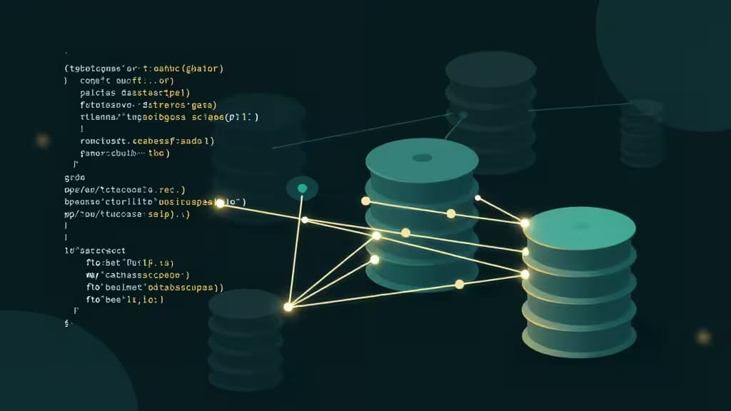 Glowing code lines connect to stacked teal database cylinders via luminous nodes on a dark background.