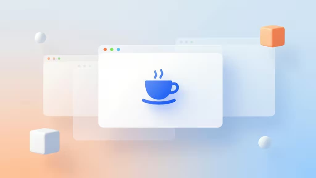 A blue coffee cup icon floats on layered glass windows, surrounded by geometric shapes in a soft gradient background.